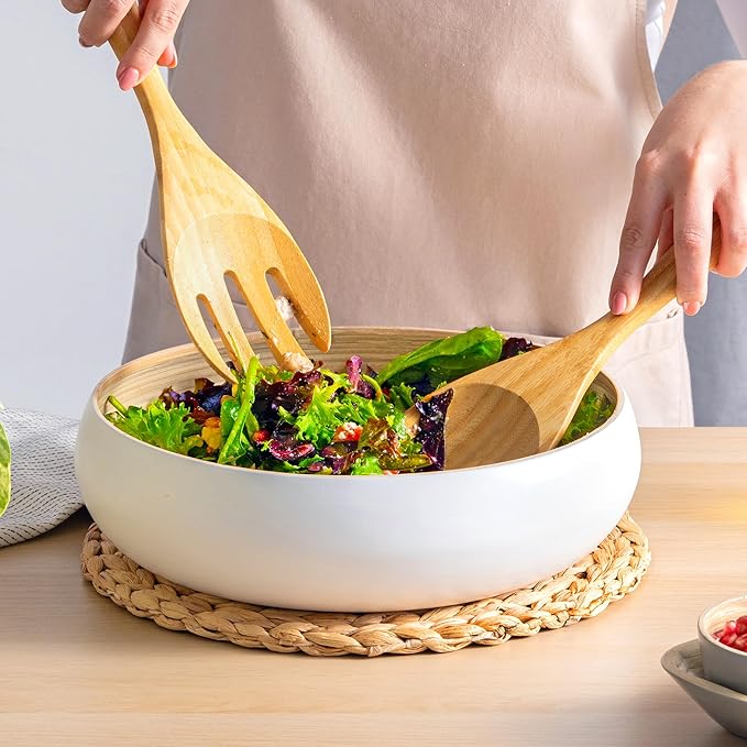 Dehaus® 12" Extra Large Bamboo Salad Servers - Wooden Salad Serving Spoons - Eco Friendly Salad Tossing Utensils - Giant Wooden Salad Hands - Bamboo Salad Tongs