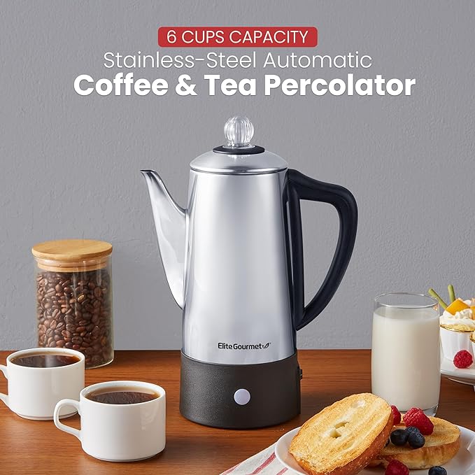 Elite Gourmet 6-Cup Electric Coffee Percolator, Stainless Steel, 1000W