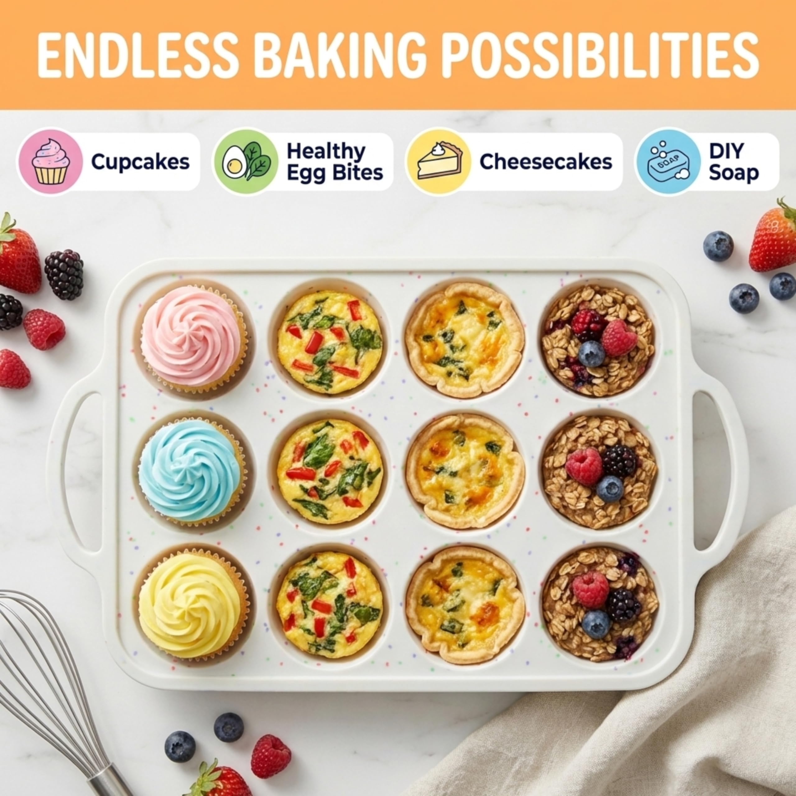 BAKE BOSS Silicone Muffin Pans, 2-Pack Regular 12 Cup, BPA-Free