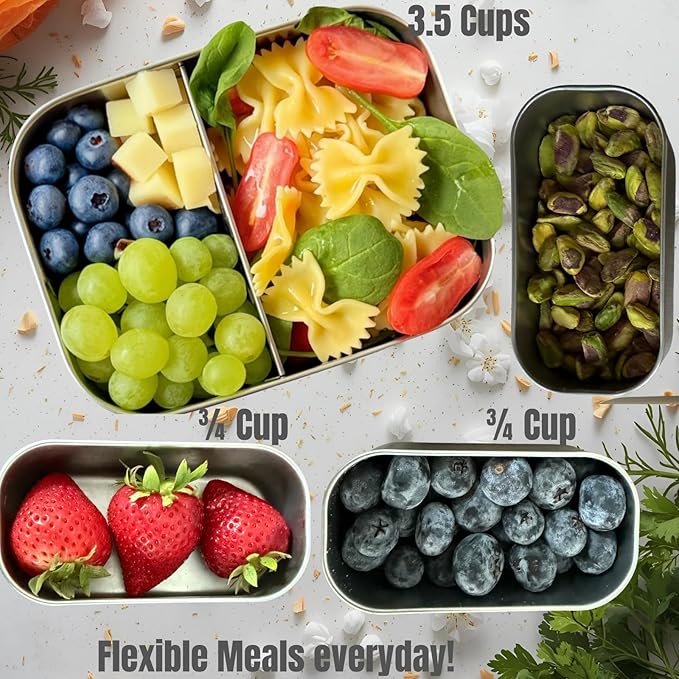 Modaniam Flexibento - Leak proof Stainless Steel Lunch Box | Stainless steel bento box | Lunch Containers with Lids Meal prep| Snack Containers |Metal lunch Box|Small|1 * 27 oz + 2 * 6.5oz