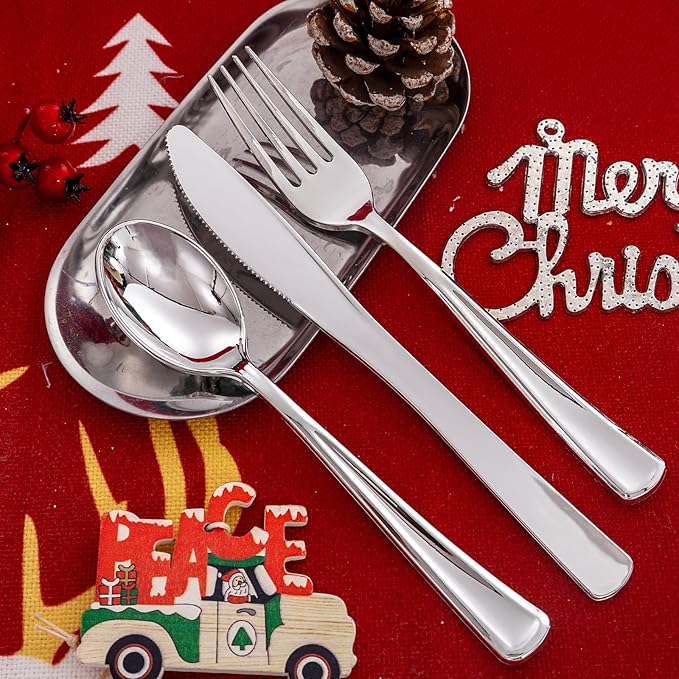 Liacere 200Pcs Silver Plastic Cutlery - Silver Plastic Silverware- Disposable Silverware - 100 Forks, 50 Spoons, 50 Knives Perfect for Wedding ＆ Party