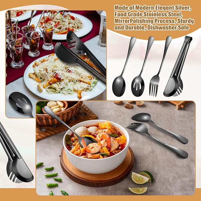 Patelai 15 Pcs Black Stainless Steel Serving Utensil Set 8.7" Large Spoons and Slotted Spoon 9.45" Tong 9" Forks Flatware Wedding Party Restaurant Cooking Kitchen Holiday Buffet Banquet Catering Hotel