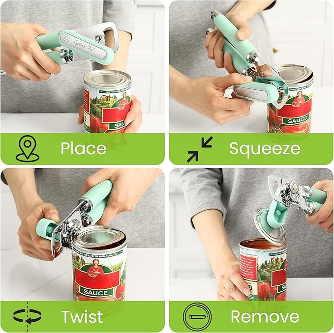 Spring Chef Stainless Steel Manual Can Opener with Soft Grip Handles, Mint
