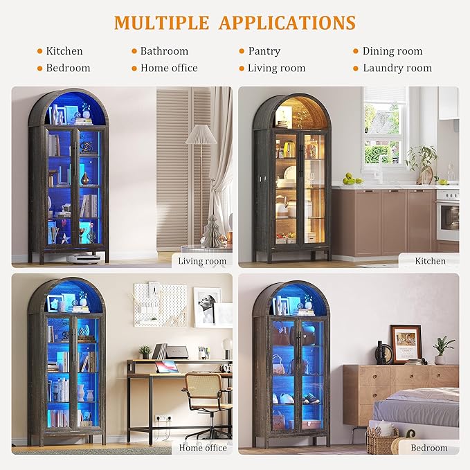 Dystler Arched Kitchen Pantry Cabinet with Glass Doors, Display Curio Case with 3 Color LED Lights for Collectibles, Modern 5-Tier Storage Hutch Cabinet Brown