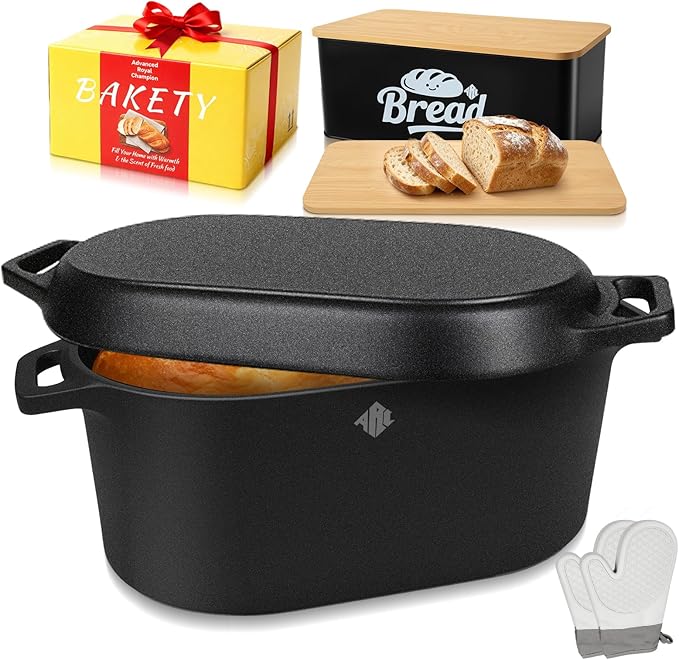 ARC Dutch Oven for Bread Baking Includes Bread Box & Heat-Resistant Oven Mitts, 3.6QT Oval Cast Iron Bread Loaf Pan with Lid, Bread oven for Sourdough, Sourdough Starter Kit