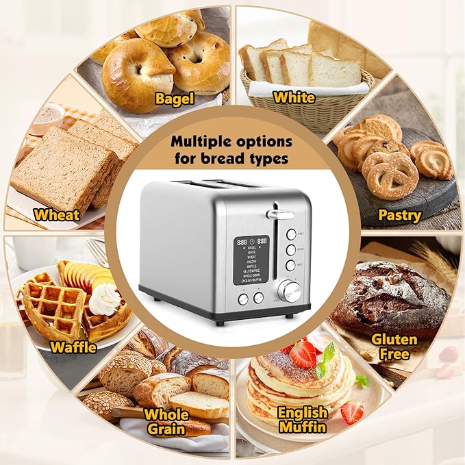 2-Slice Bagel Toaster Stainless Steel with Screen- Single Slice Function for Single-Sided Stuffed Bagel, 8 Bread Types, 6 Browning Levels, LED Countdown Timer, Defrost/Reheat/Cancel, 825W