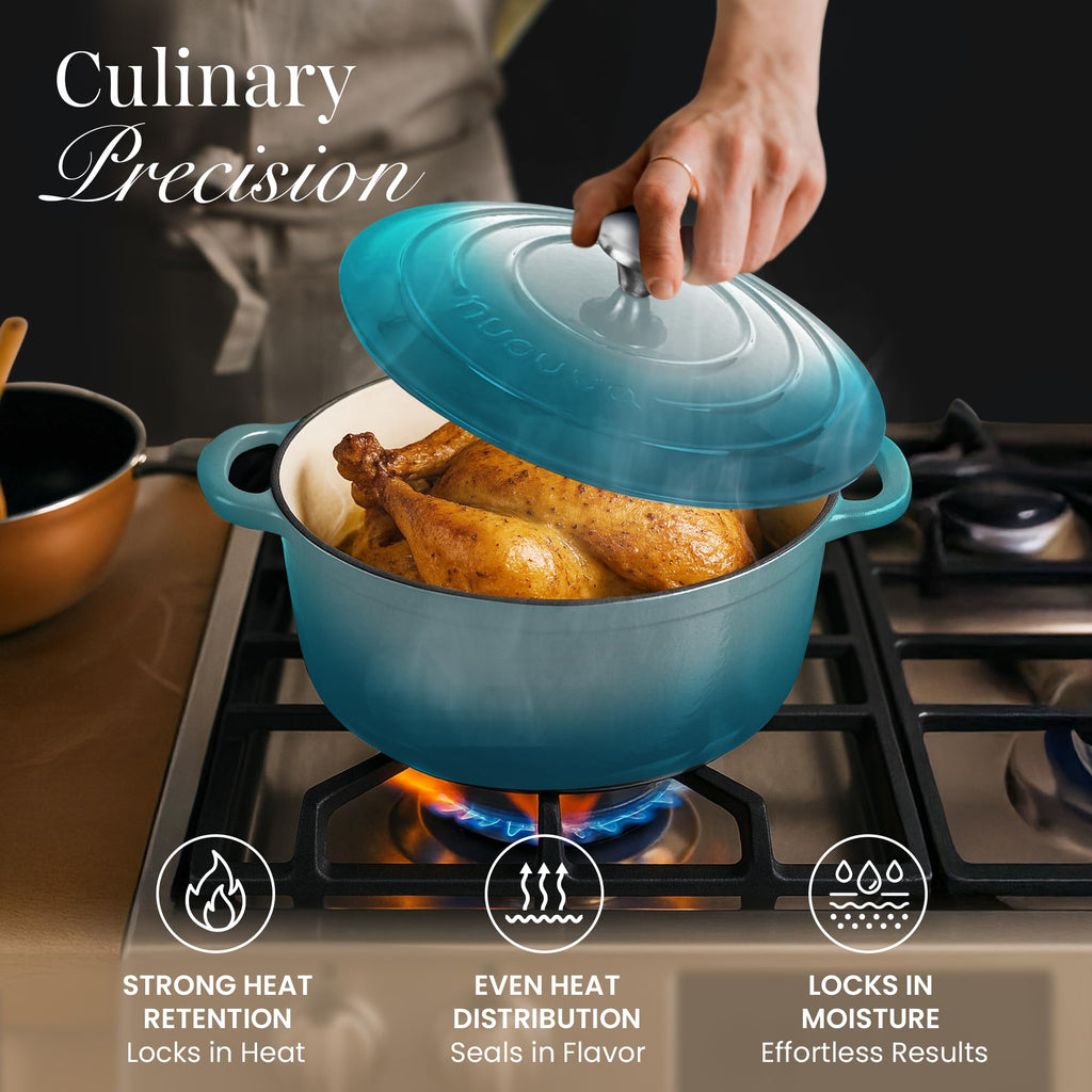 Cast Iron Dutch Oven with Lid - Non-Stick Ovenproof Enamelled Casserole Pot - Sturdy Dutch Oven Cookware - Teal, 5- Quart, 24cm- by Nuovva