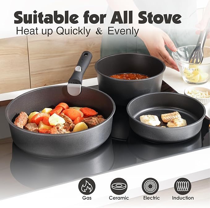 SENSARTE 17 Piece Nonstick Detachable Handle Pots and Pans Set Black