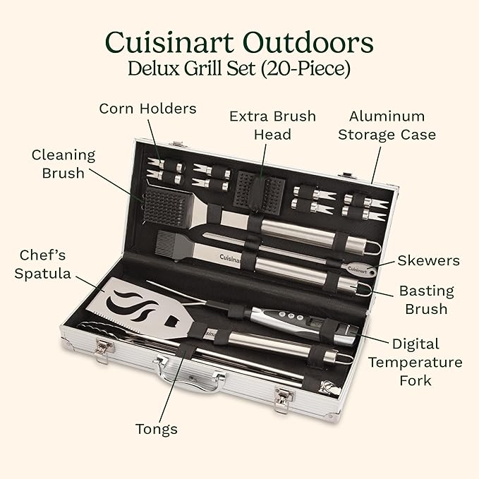 Cuisinart Deluxe Grill Tool Set, 20-Piece Grill Set, BBQ Accessories with Aluminum Case, Stainless Steel Grilling Accessories, BBQ Tools, Grilling Gifts for Men, for Dad Husband