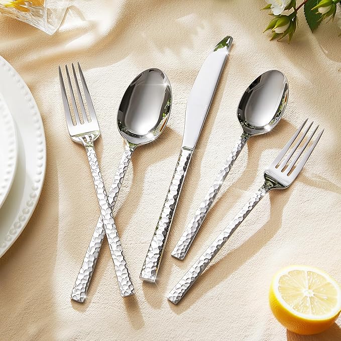 20 Piece Hammered Silverware Set, 18/10 Stainless Steel Flatware Set for 4