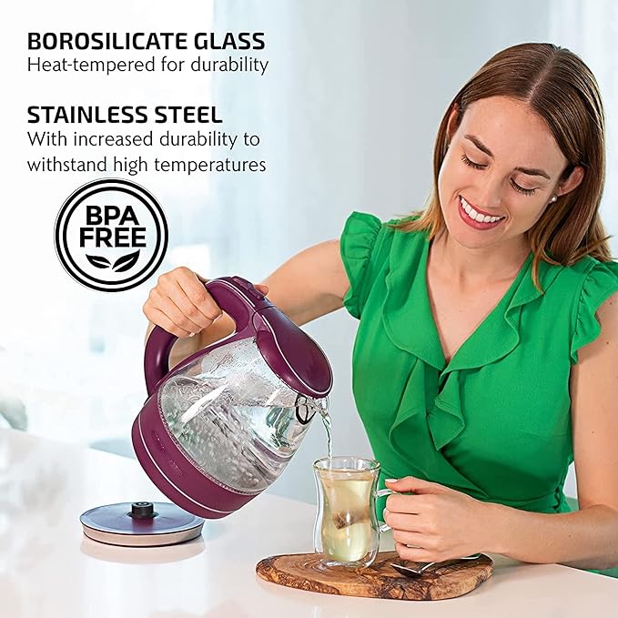OVENTE 1.5L Glass Electric Kettle Water Boiler, Purple KG83P