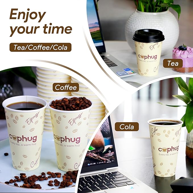 cuphug 12 oz Disposable Coffee Cups with Lids, Sleeves and Straws 100Pack, Thickened Leak-Proof Insulated Paper Cups for Hot Drinks, Home, Office, Cafe, Party