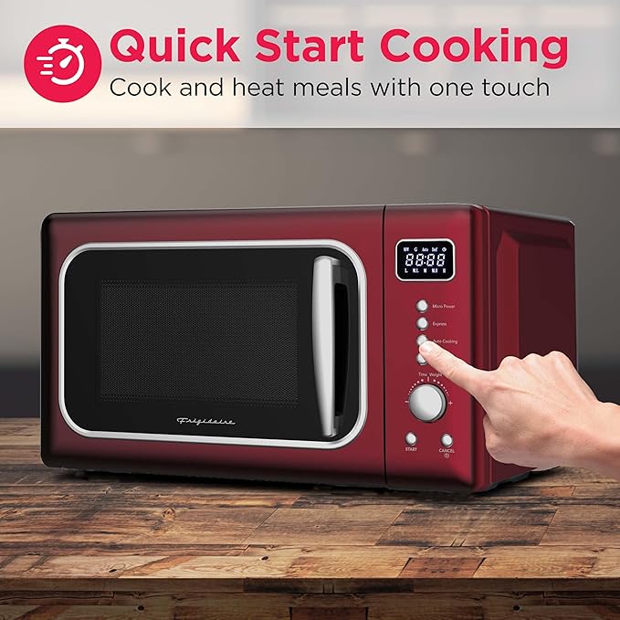 Frigidaire, 0.7 Cu. Ft. Retro Countertop Microwave Oven, 700W Compact Microwave with 8 Auto Cook Menus, Auto Defrost, 5 Power Levels, LED Display, Glass Turntable, Red-Silver
