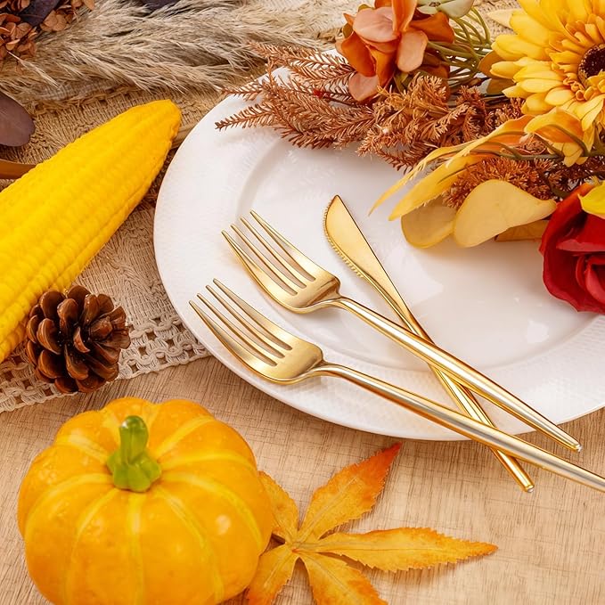 Rubtlamp 90Pcs Gold Plastic Silverware, Gold Disposable Utensils, Plastic Cutlery Include 30 Plastic Knives, 60 Forks and Spoons, Fancy Plastic Silverware Heavy Duty for Party