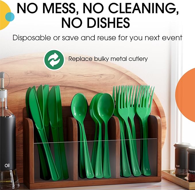 Party Solids Emerald Green Plastic Silverware Heavy Duty 150 Pieces Green Disposable Silverware Heavy Duty, Utensil Sets, 50 Of Each Forks, Knives & Spoons Disposable Cutlery Set For Party Supplies