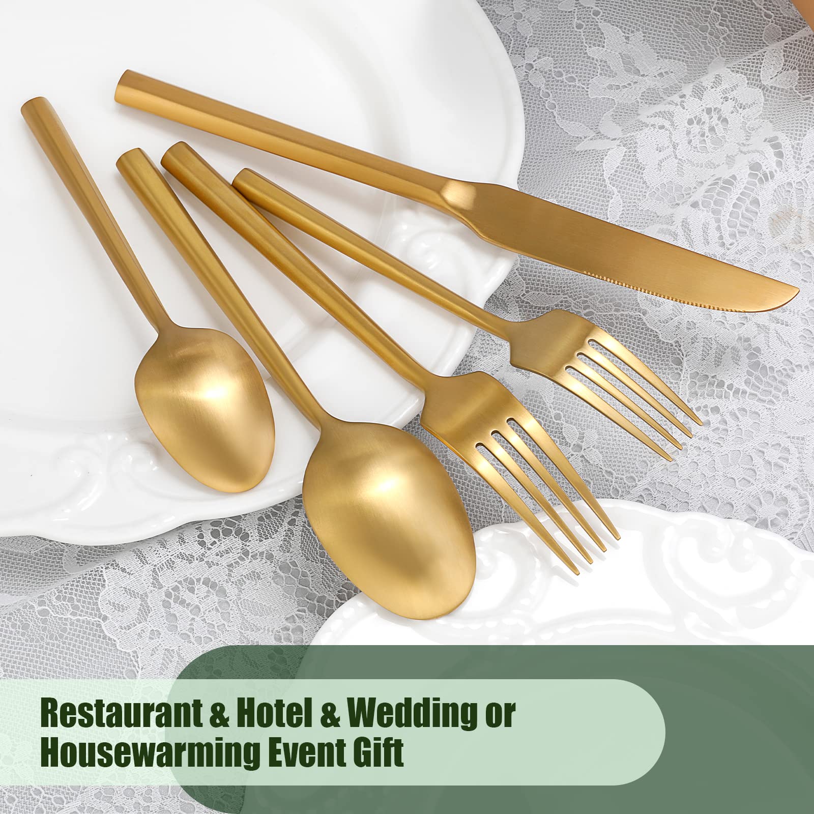 DEACORY Gold Silverware Set Matte Finish Hexagon Handle Service for 8