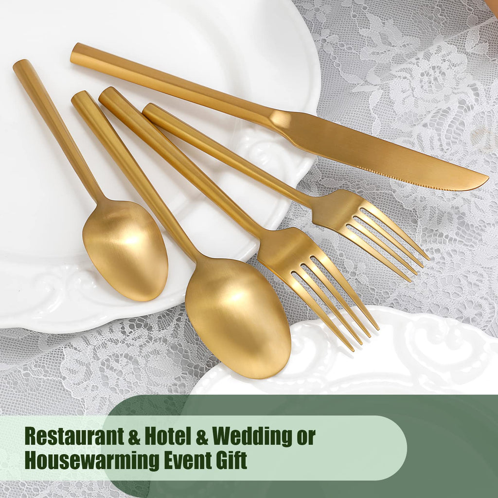 DEACORY Gold Silverware Set Matte Finish Hexagon Handle Service for 12
