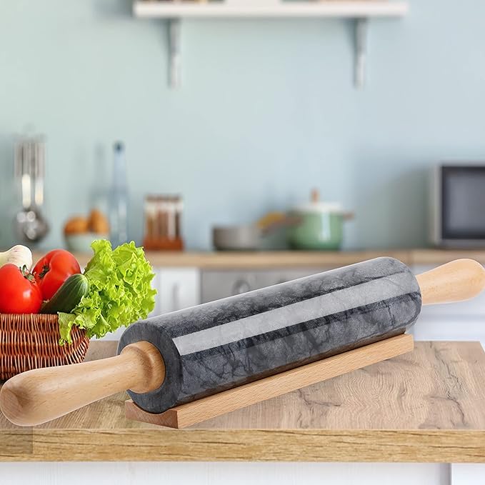 SIPARUI Marble Rolling Pin with Wooden Cradle Thick Handle Set for Baking,18.5 inch Premium Quality Polished Roller for Pizza Dough,Fondant,Pie Crust,Non-Stick Surface Easy to Clean(Black)