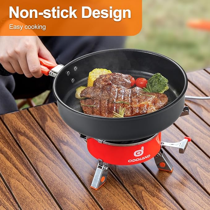 Odoland Camping Cookware Mess Kit, 4-Piece Set with Pot, Fry Pan, Kettle, and Mesh Bag, Aluminum, Black, Compact, for 3-4 People, Outdoor Cooking and Picnic