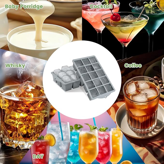FANYITY Silicone Ice Cube Tray with Lid, Gray, Pack of 2 Ice Cube Moulds, Silicone Mould, BPA-Free, Stackable Ice Cube Tray, Ice Cube Trays for Baby Porridge, Cocktail, Whiskey, Coffee