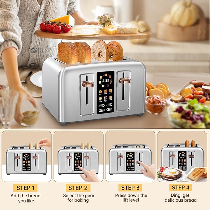 SEEDEEM Touchscreen Toaster 4 Slice, 7 Shade, Stainless, 1800W Silver Metallic