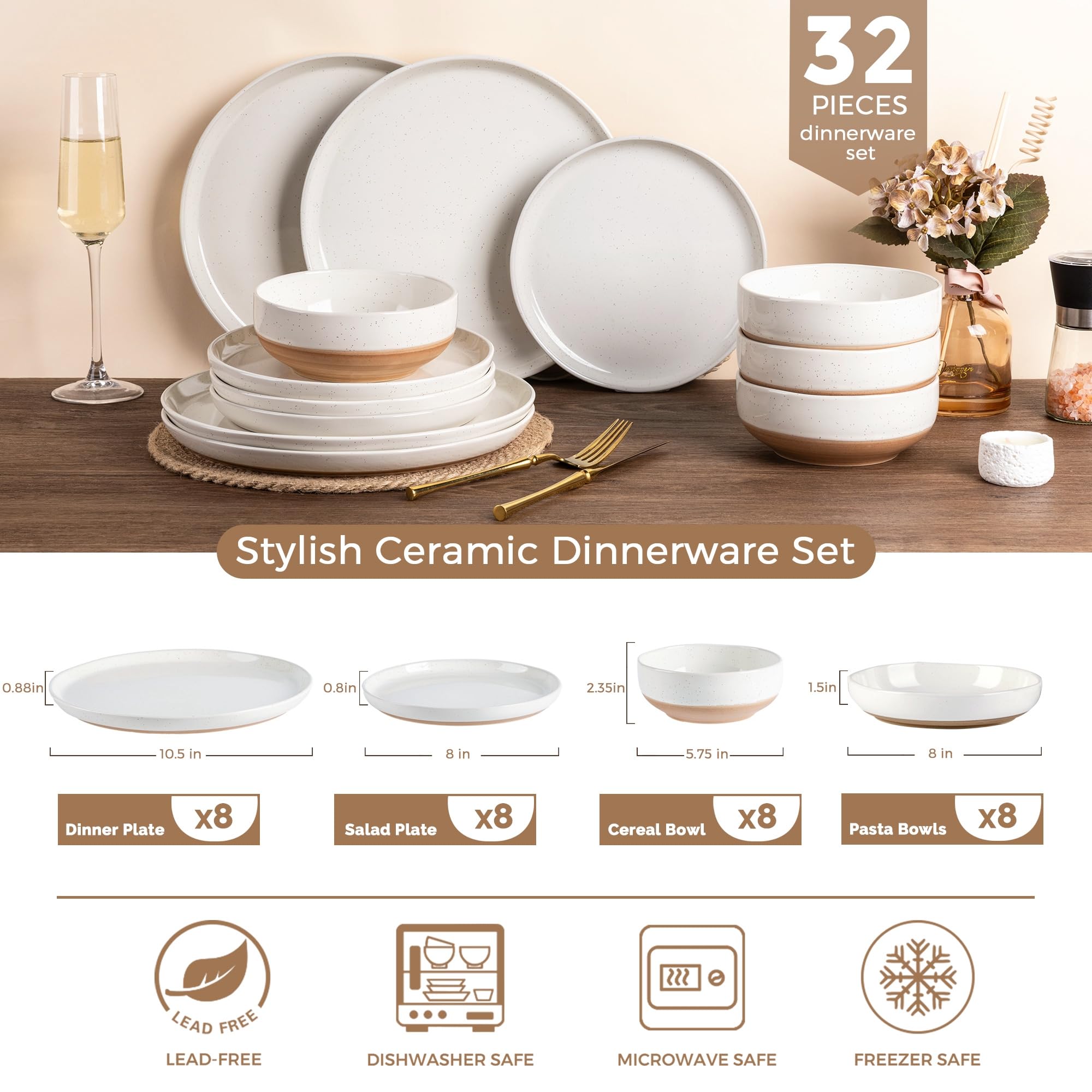 AmorArc Dinnerware Sets for 8, 32 Pieces Ceramic Plates and Bowls Set