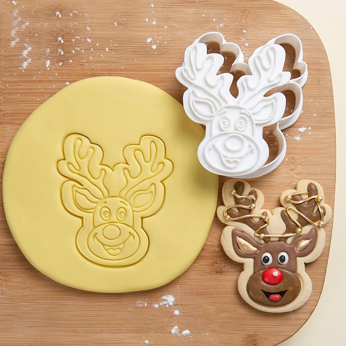 Flycalf Reindeer Cookie Cutters Christmas Shapes with Plunger Stamps Holiday PLA Baking Accessories Cutter Molds Gifts Decorative Party 3" Kitchen Cake Supplies