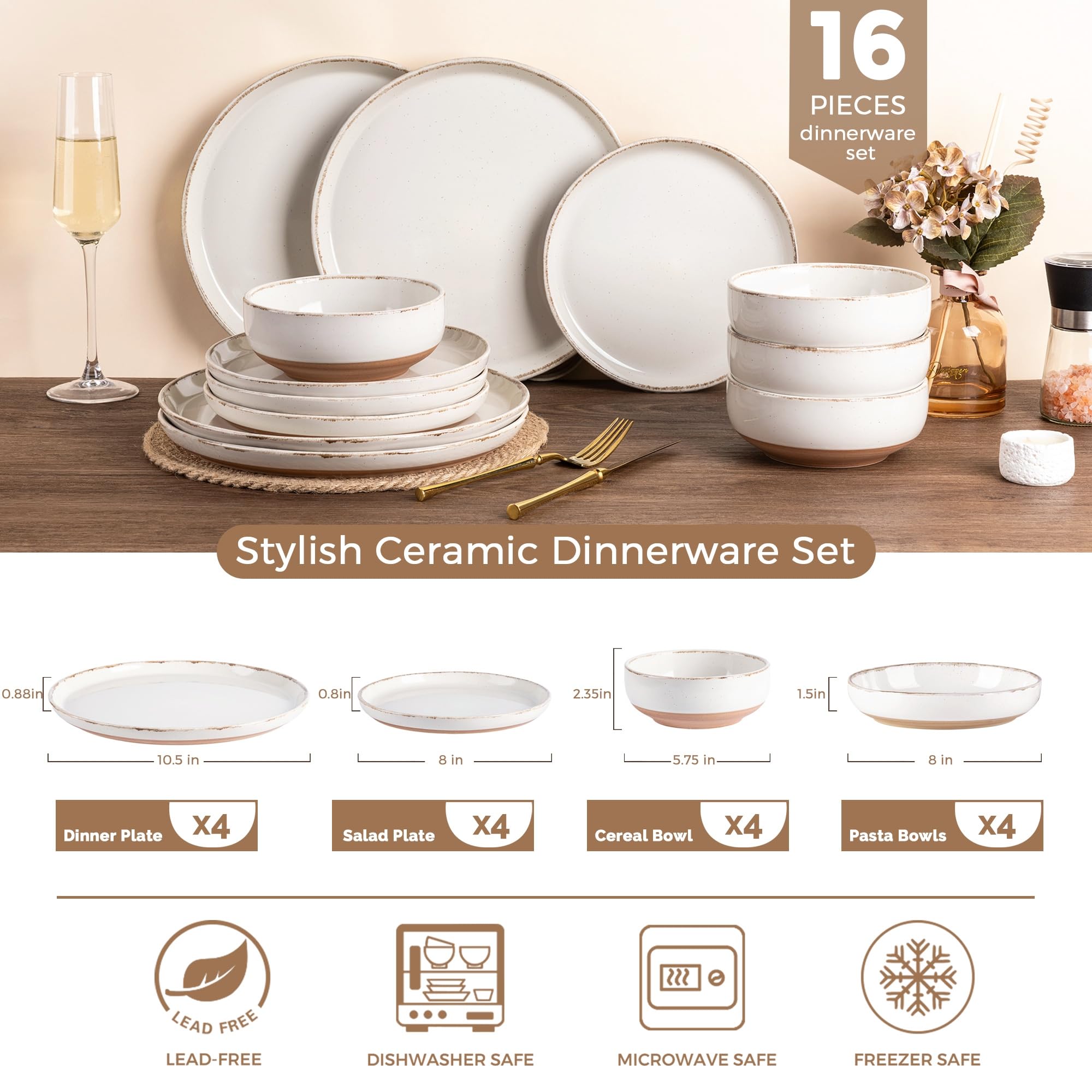 AmorArc Dinnerware Sets for 4, 16 Pieces Ceramic Plates and Bowls Set
