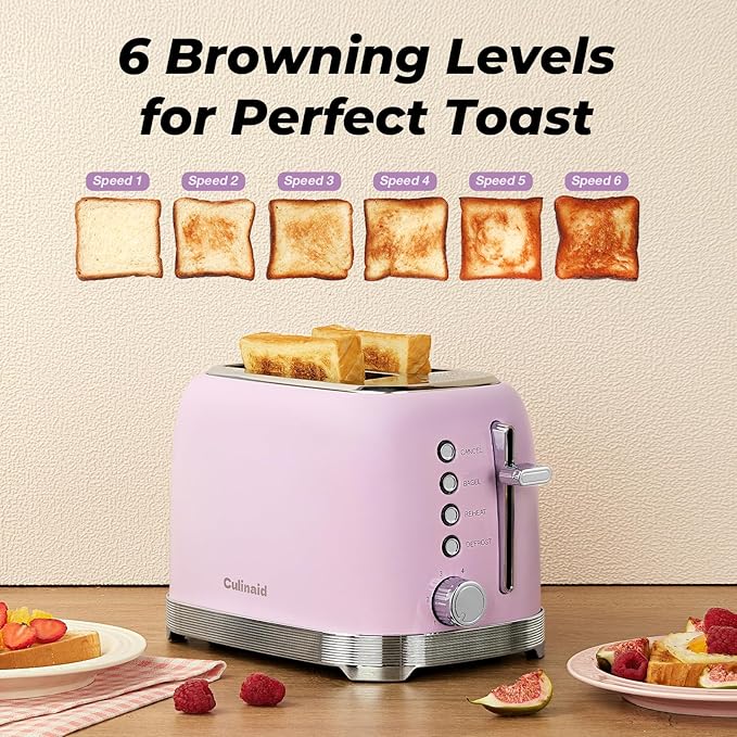 Culinaid Toaster 2 Slice Retro Stainless Steel, Pastel Pink