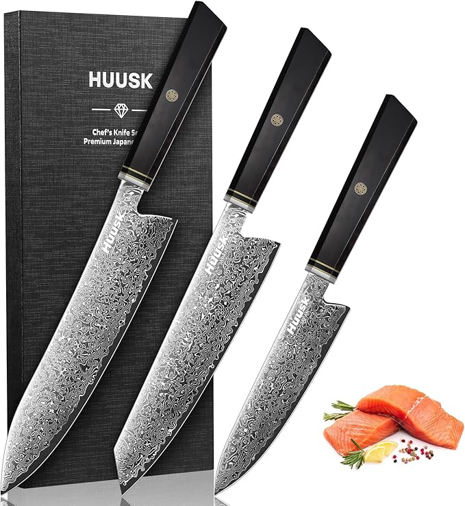 Huusk Damascus Chef Knife Set 3 PCS, Ideal Gifts for Women Men