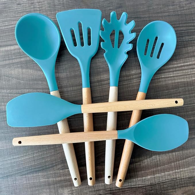 IOCBYHZ Kitchen Utensils Set 6-Piece Non-Stick Silicone Cooking Utensils Set, Wood Handle Heat Resistant Spatula Spoon Turner Ladle Pasta Server Cooking Kitchen Gadgets BPA Free for Nonstick Cookware