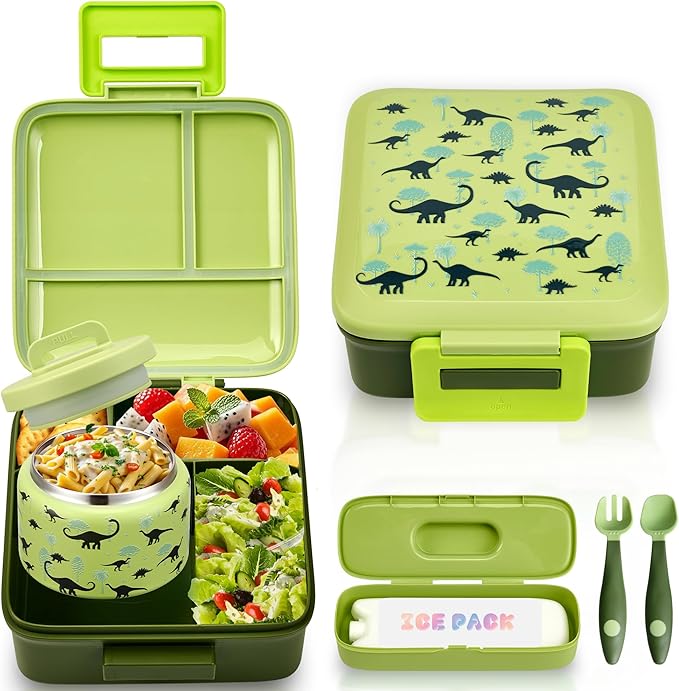 Bento Lunch Box for Kids with 8oz Soup Thermo Leak-Proof Lunch Food Containers with Snack Sauce Container for Kid Girls Boys to School (Forest Dinosaur)