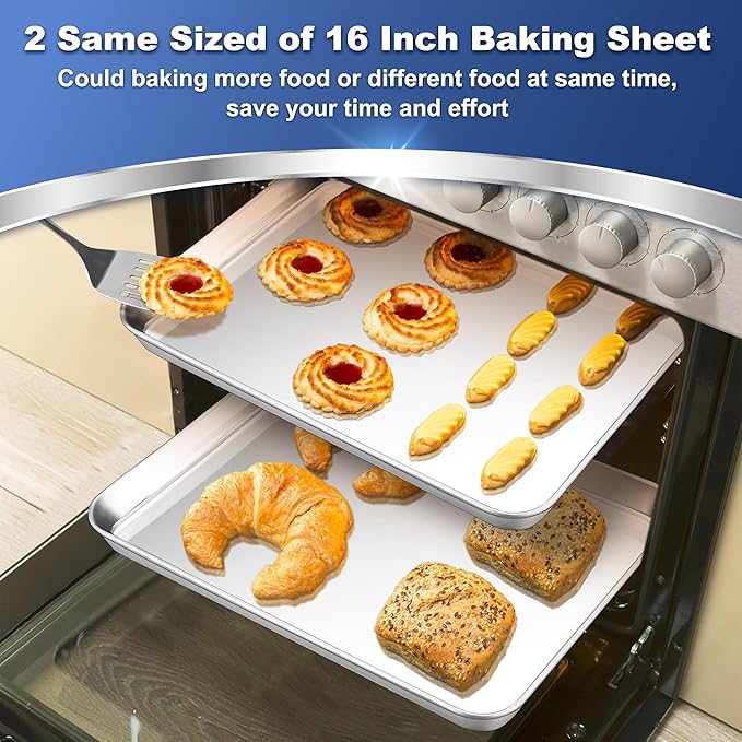 P&P CHEF Baking Sheet Pan, Stainless Steel Cookie Sheet, 16 Inch & 2 Pcs
