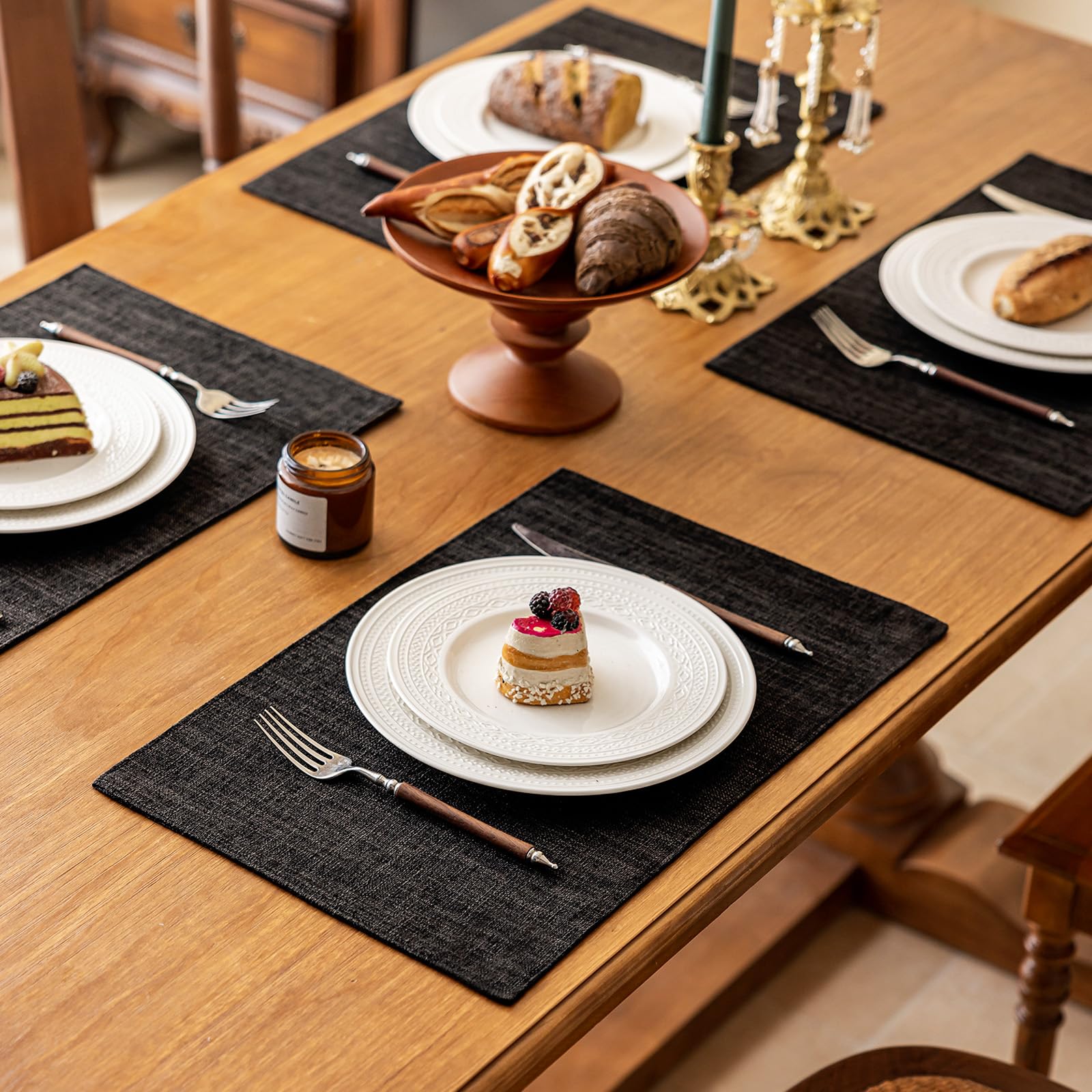 KXN Placemats Set of 6, Dual-Layer Thickened Faux Linen Table Mats, Heat Resistant & Wrinkle-Free, Machine Washable Cloth Place Mats for Kitchen Dining Indoor Outdoor (Black)