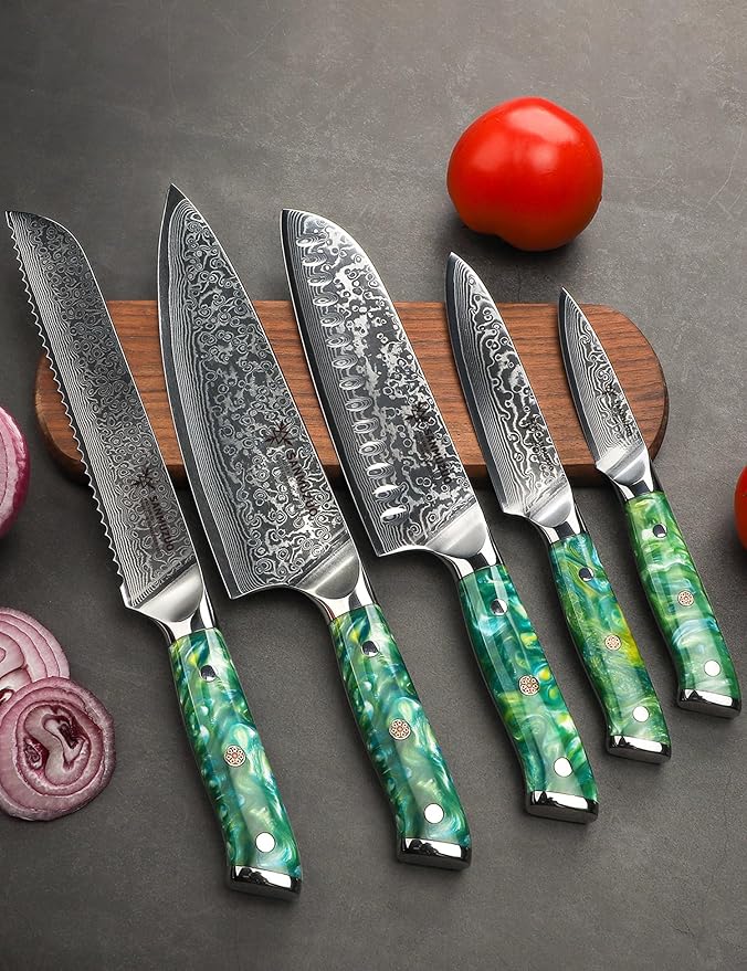 SANMUZUO Chef Cooking Knives Set- Kitchen Knife Set of 5 Piece - Ultra-Sharp VG10 Damascus Steel & Resin Handle - Xuan Series (Jade Green)