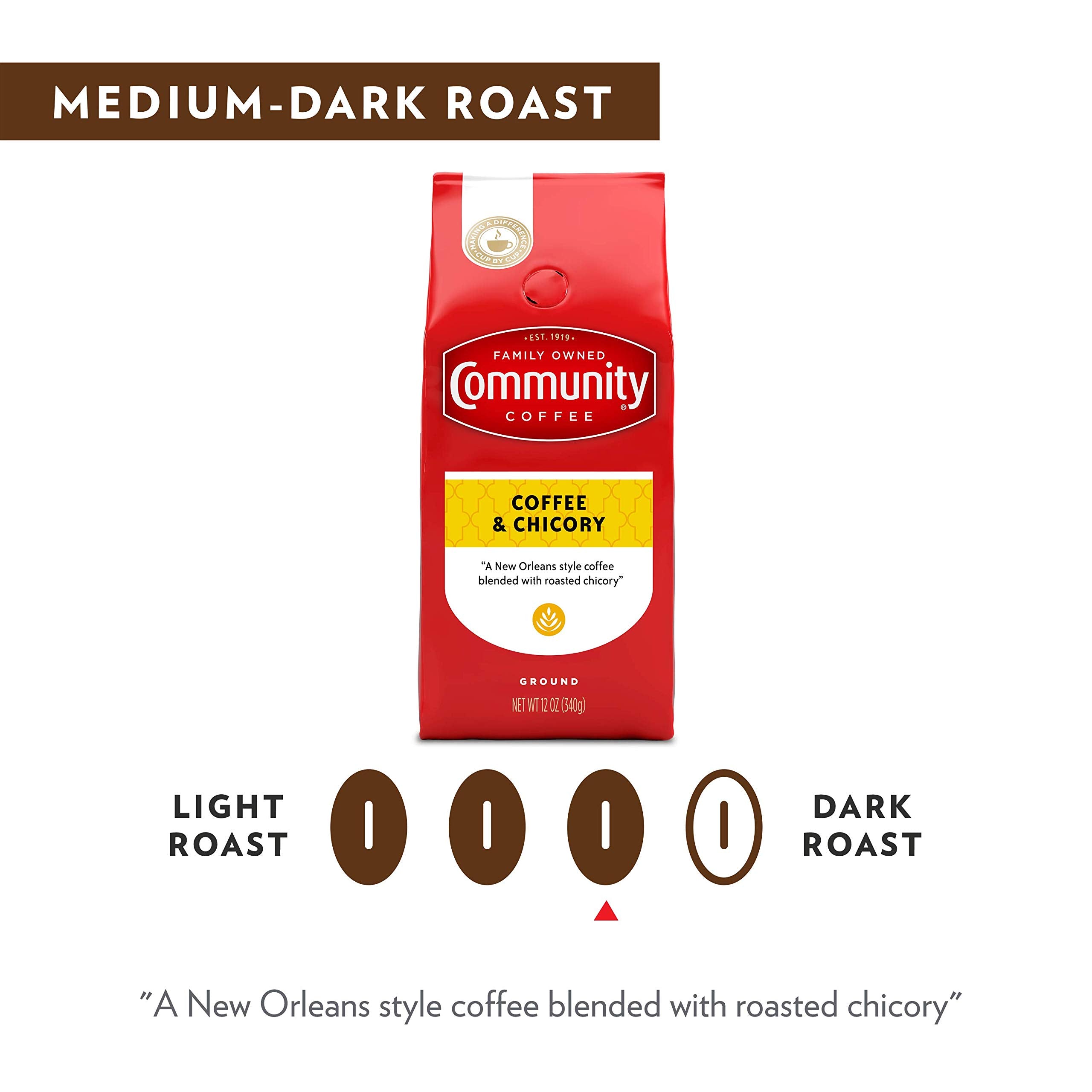 Community Coffee Coffee and Chicory Blend Coffee, Medium Dark Roast Ground Coffee, 32 Ounce Bag (Pack of 4)