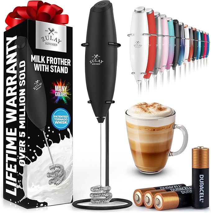 Zulay Kitchen Powerful Milk Frother Wand With Duracell Batteries - Ultra Fast Handheld Drink Mixer - Electric Whisk Foam Maker for Coffee, Lattes, Cappuccino & Matcha - Triple Whisk - Midnight Elite