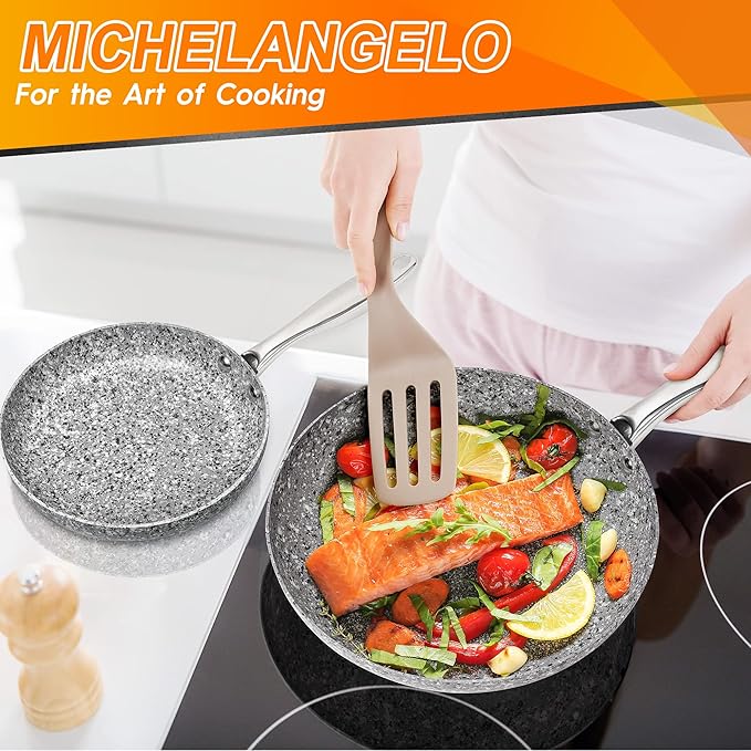 MICHELANGELO Frying Pan with Lid, Nonstick 12 Inch Frying Pan with Non toxic Granite Coating, Granite Frying Pan, Nonstick Frying Pans with Lid, Induction Compatible