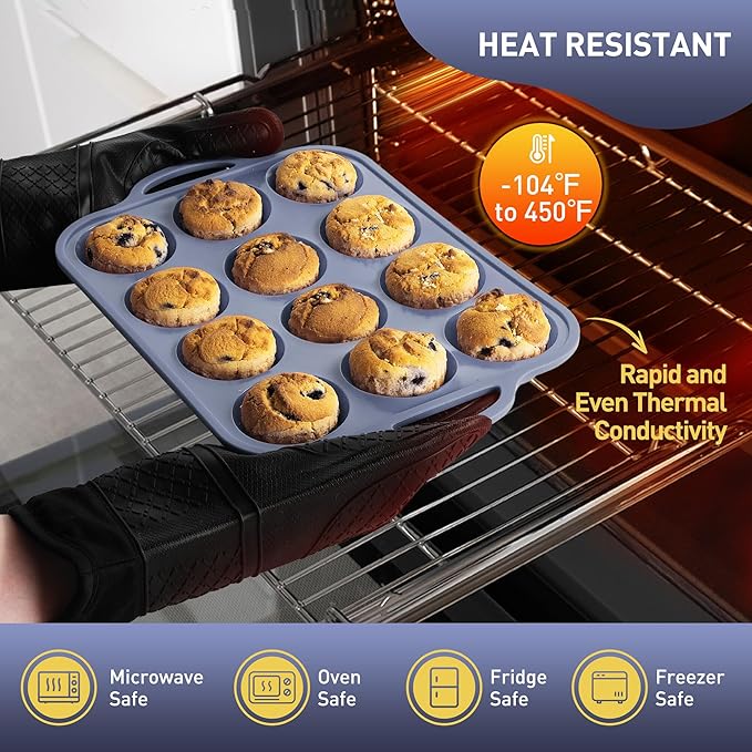 Socisen 2 Packs 12 Cups Silicone Muffin Pan with Metal Reinforced Frame Regular Size Cupcake Pan Tray Egg Bites Silicone Circle Cookie Molds Muffin Tin Bread Loaf Pans for Homemade Reusable Tart Pans