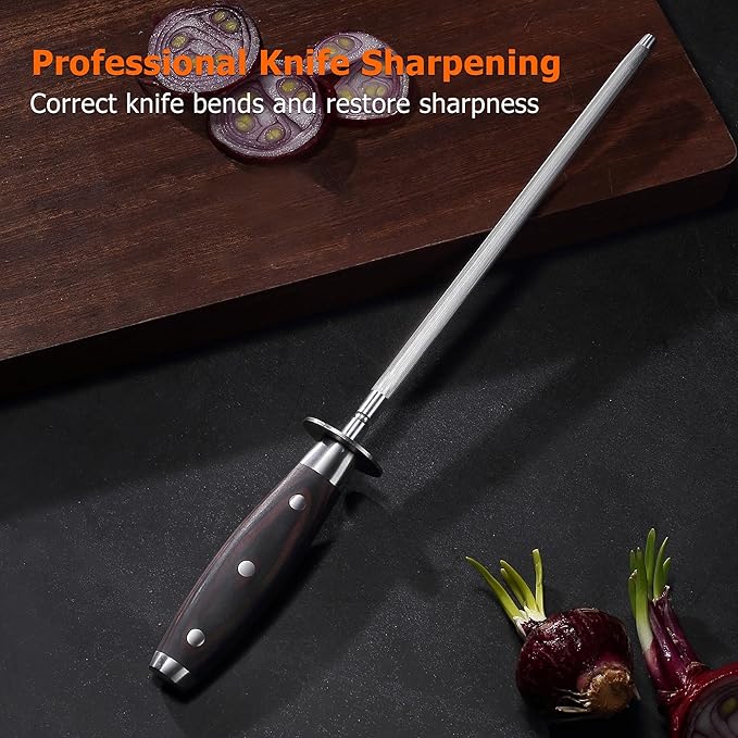 PAUDIN Honing Rod, Knife Sharpener Rod 10 inch, Professional Kitchen Knife Sharpener, High Carbon Knife Sharpening Steel with Ergonomic Pakkawood Handle, Honing Steel for All Chef Knives