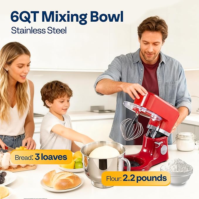 VIVOHOME Stand Mixer with Dough Proofing, 6-Quart Tilt-Head Mixer, Red