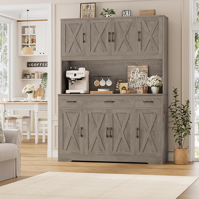 HOSTACK 71" Tall Kitchen Pantry Storage Cabinet, 55" W Kitchen Hutch, Grey