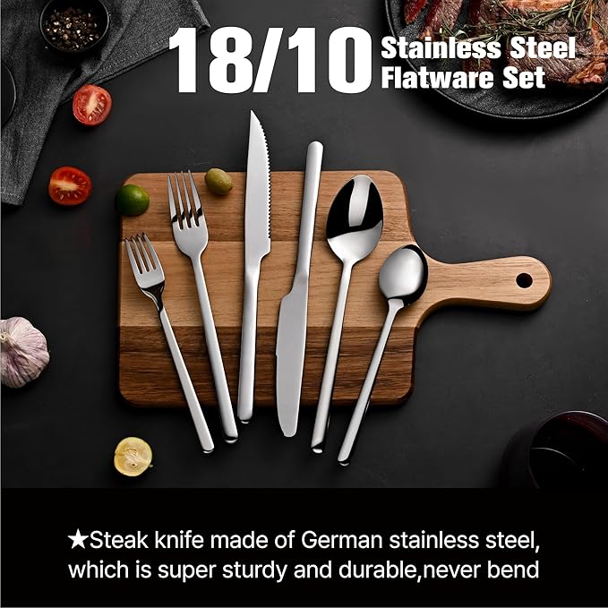 KINGSTONE 48-Piece Silverware Set with Steak Knives, Flatware Set for 8, 18/10 Stainless Steel Tableware Cutlery Set for Home Restaurant, Mirror Finish,Modern Design