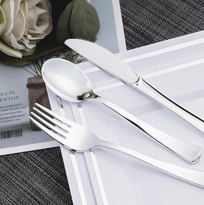 N9R 300PCS Silver Plastic Silverware, Disposable Utensils & Cutlery