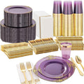 Nervure 350Pcs Purple Plastic Plates, Plastic Dinnerware Set for 50 Guests