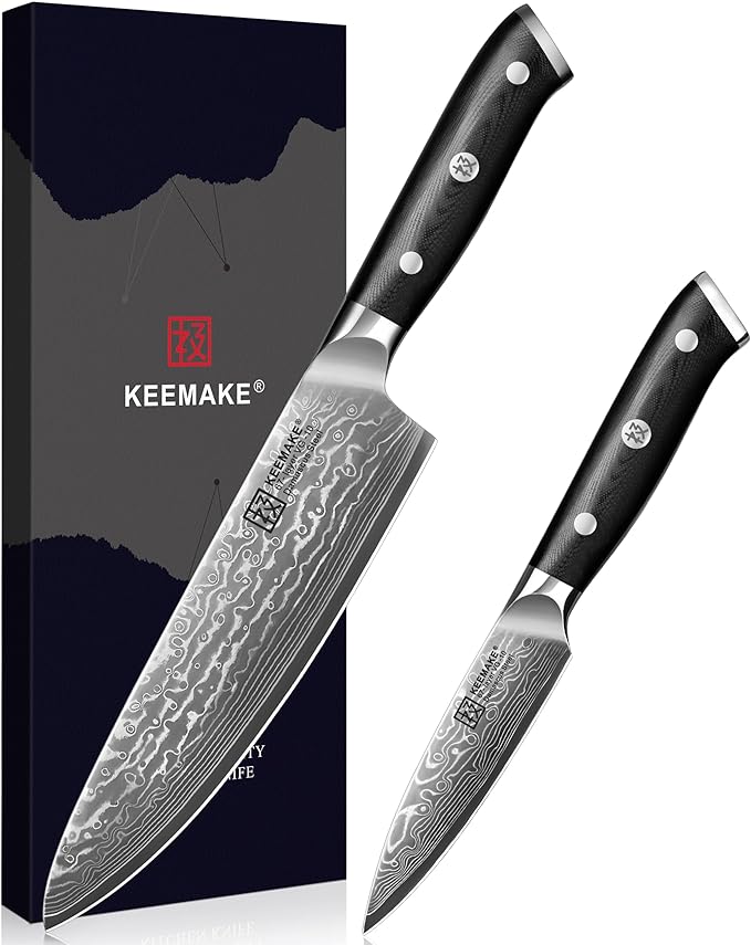 KEEMAKE Damascus Kitchen Knife Set, 2PCS Ultra Sharp 67-Layer Damascus Steel Chef Knife with G10 Non-Slip Handle, Elegant Box for Men Husband