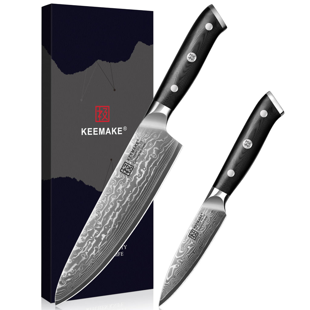 KEEMAKE Damascus Kitchen Knife Set, 2PCS Ultra Sharp 67-Layer Damascus Steel Chef Knife with G10 Non-Slip Handle, Elegant Box for Men Husband