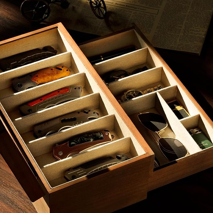 Yoimori Knife Display Case, 2-Layer Pocket Knife Case Display & Storage Knives, Solid Wood Knife Case for Collections, Gift for Boyfriend Fathers Day Birthday Gifts((Walnut)