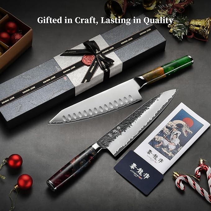 8.27 Inch Japanese Gyuto Chef Knife, Black Forged 3-Layer VG10 Steel Core