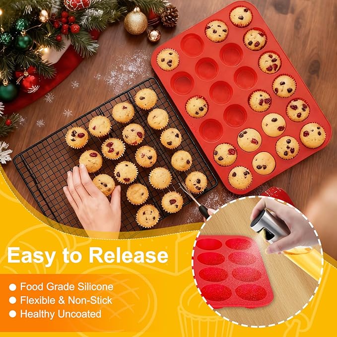 Laexepelle 24 Cups Silicone Muffin Pan Mini Cupcake Pan Nonstick Silicone Molds Great for Making Muffin Cakes, Bread, Cookie, Tart - BPA Free Muffin Liners Baking Accessory